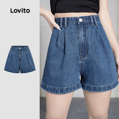 Quần short denim nữ Lovito xanh dương xuân hè túi xếp ly phong cách thường ngày L183AD258