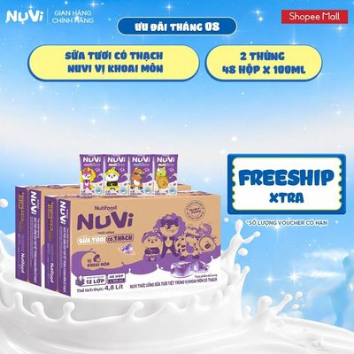 Combo 2 Thùng 48 Hộp NuVi Thức Uống Sữa Tươi Tiệt Trùng Vị Khoai Môn Có Thạch 100 ml