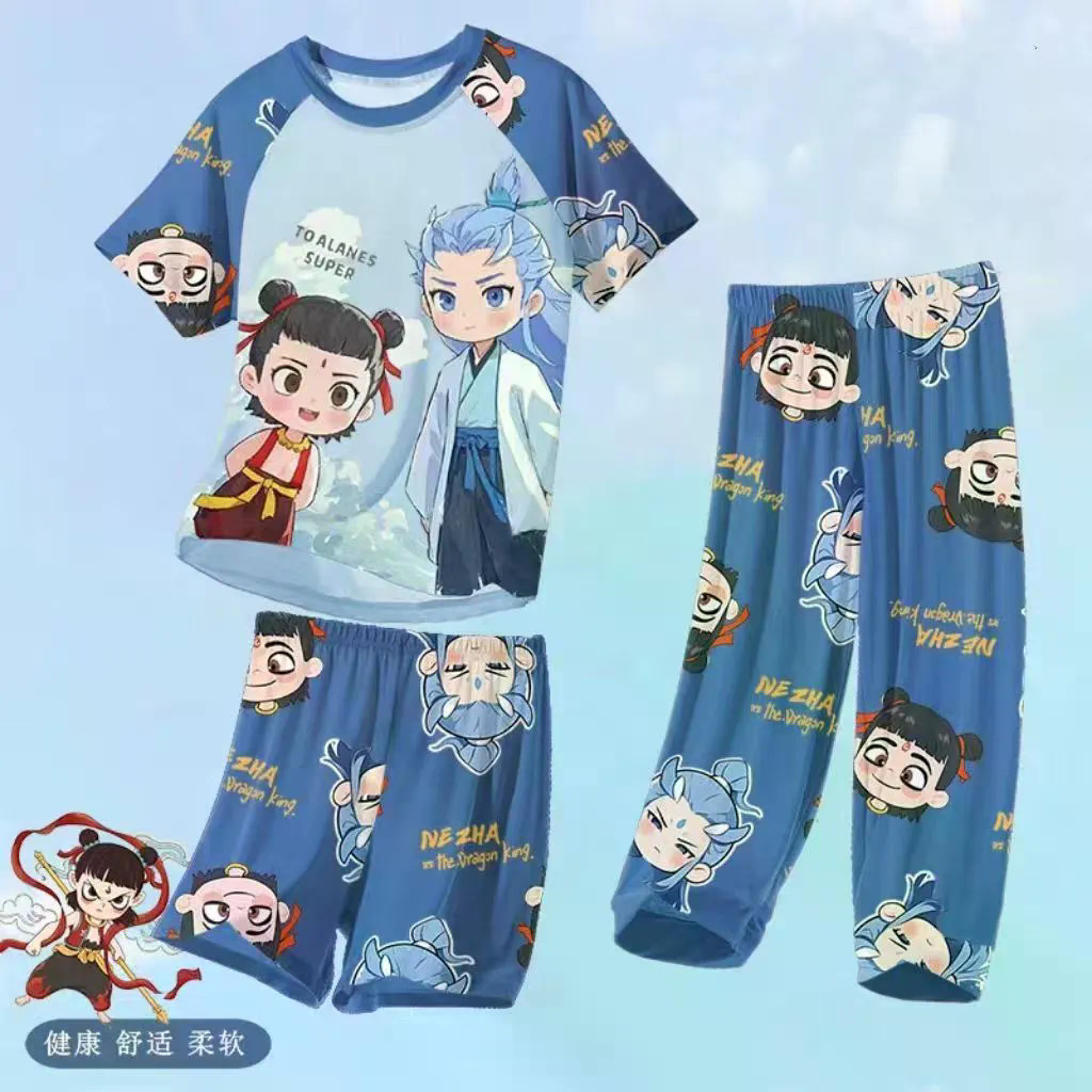 [JTZ] Bộ đồ ngủ in hình hoạt hình Nezha Ao Bing mùa hè cho bé trai, Bộ đồ ngủ ngắn tay cho bé trai b
