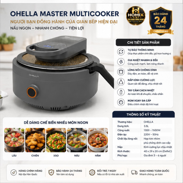 Nồi Đa Năng OHELLA Master Multicooker 3.5L Chính Hãng Tự Đảo Nấu Lẩu Chiên Xào Hầm 1500W BH 24 Tháng