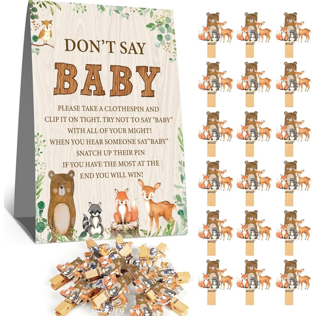 Trò chơi tắm cho bé Woodland, Woodland Don 't Say Baby Game Sign, 1 dấu hiệu và gói kẹp quần áo động