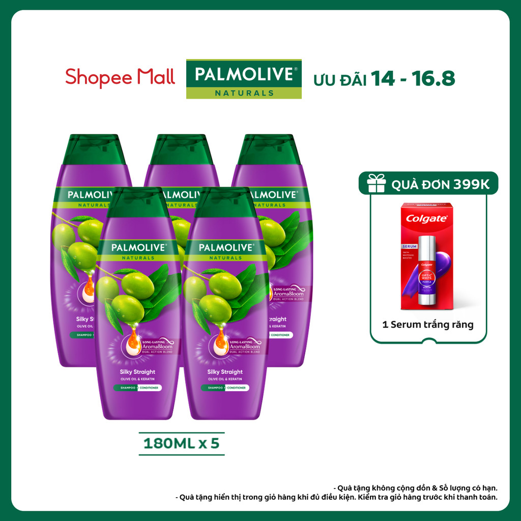 Bộ 5 Dầu gội Palmolive kèm xả 2 trong 1 chiết xuất thiên nhiên Suôn Mượt Óng Ả 180ml