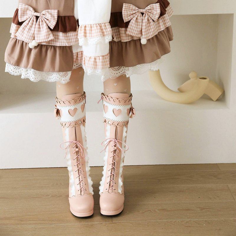 Mùa Thu Đông Giày Nữ LOLITA Đầm Giày Bốt Gót Dày Giày Nơ Thắt Ren Tình Yêu Bốt LOLITA