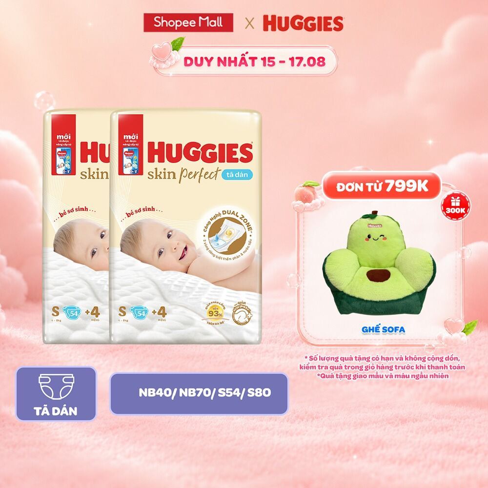 Combo 2 Tã dán sơ sinh Huggies Skin Perfect NB40/NB70/S54/S80