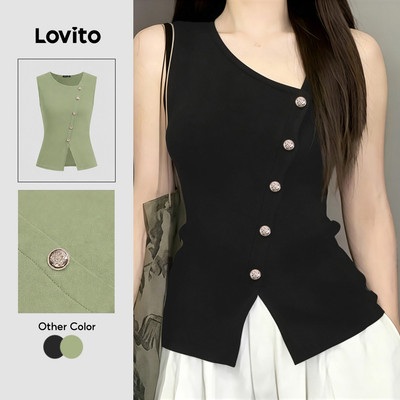 (New Arrival) Lovito Áo sơ mi đen bất đối xứng xẻ tà trước cài nút phong cách mùa xuân/hè cho nữ L195ED037