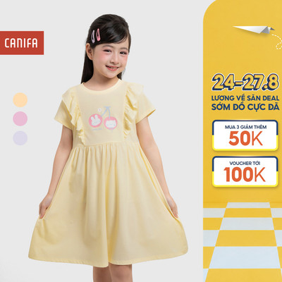 Váy liền bé gái CANIFA cộc tay dáng babydoll phối bèo có hình in 1DS26S003