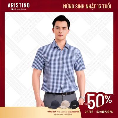 Áo Sơ Mi Nam Tay Ngắn Aristino Xanh Kẻ Perfect Fit Tà Bằng Sợi Tre Thoáng Mát Thoải Mái Khi Mặc ASS609EDP01