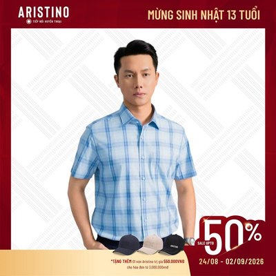 Áo Sơ Mi Nam Xanh Kẻ Aristino Perfect fit tay ngắn visco dạng giống sợi bambo thoáng mát ASS110AS2