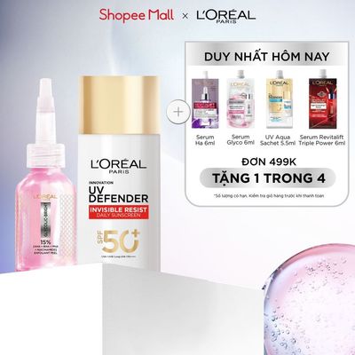 Bộ Dưỡng chất làm sạch Exfoliant Peel 25ml & Sữa chống nắng phổ rộng UV Defender Invisible Resist L'Oréal Paris 50ml