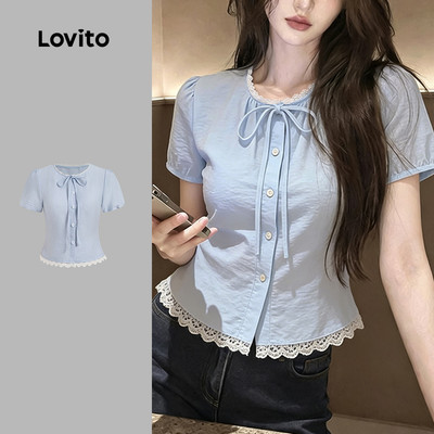 (New Arrival) Lovito Áo phong cách thường ngày Kiểu Hàn Quốc Cài Cúc Phía Trước Chất Liệu Vải Ren Phối Ren Màu Xanh Dương Thích Hợp Cho Nữ Mùa Xuân/hè LK7ED485