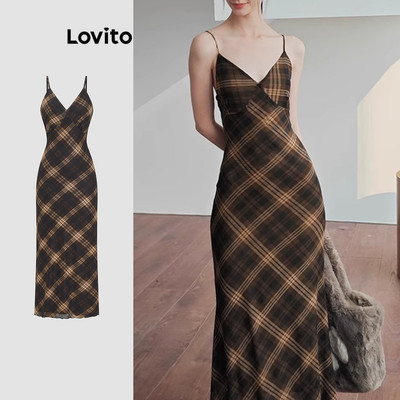 Đầm Lovito kẻ caro phong cách thường ngày cho nữ L122AD011