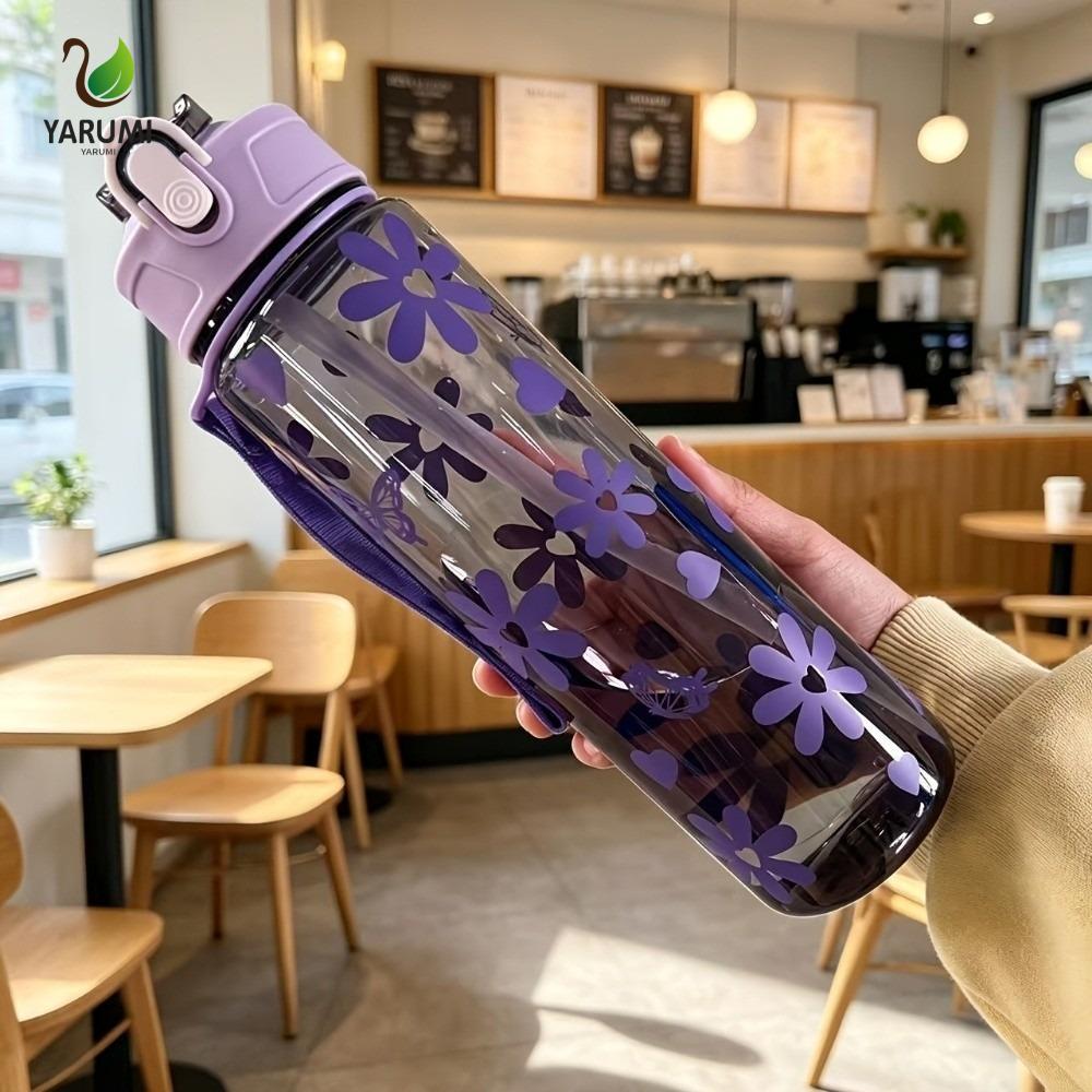 Bình Nước ALISON, Bình Nước Thể Thao 800ML Dung Tích Lớn, Nắp Lò Xo Nơ Nhựa In Hoa Mờ Cốc Rơm Trường