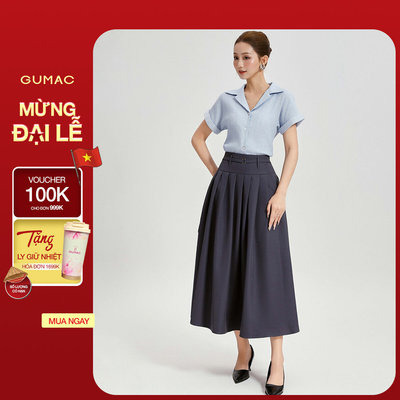 Chân váy nữ GUMAC dáng A xoè bản lưng to 10cm tùng xếp ly dây khoá kéo bên sườn VG04019