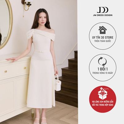 Đầm Xuân Hè Chân Đổ Ngang Vai 1S23.2604, Đầm Midi Dáng A Lệch Vai Ôm Thân Trên Hông Xoè Nhẹ Phong Cách Thanh Lịch By JM
