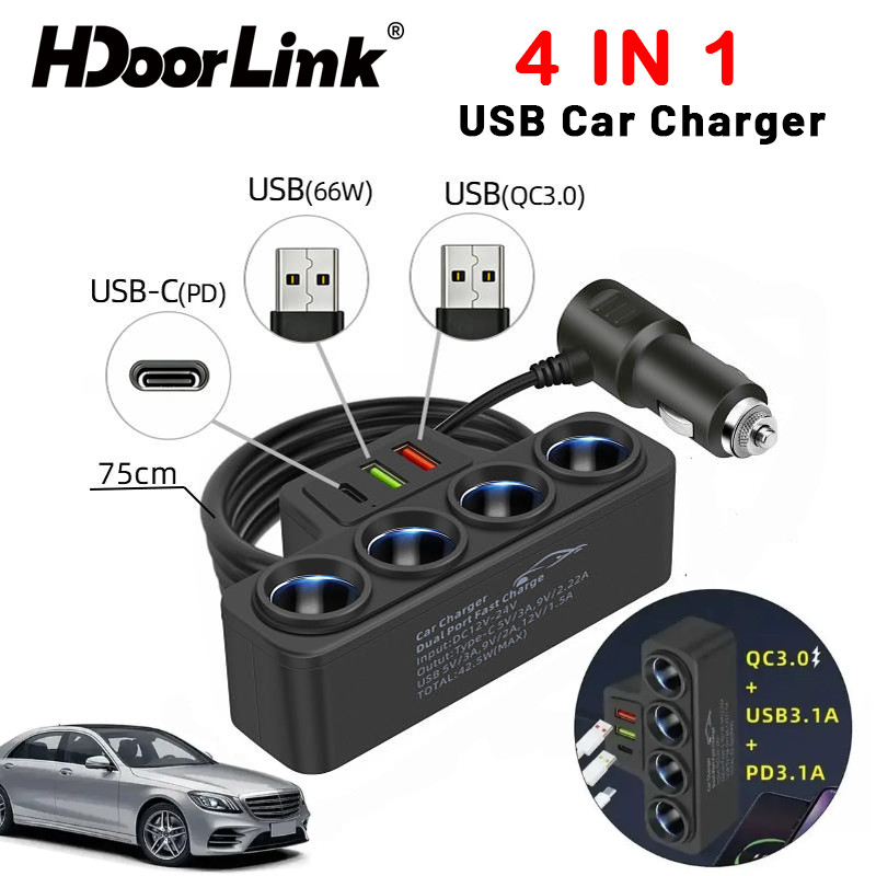 HdoorLink 4in1 USB Sạc Xe Hơi 120W Sạc Điện Thoại Ô Tô Điện Thoại Bộ Chuyển Đổi Nguồn Cho Xe DVR GPS