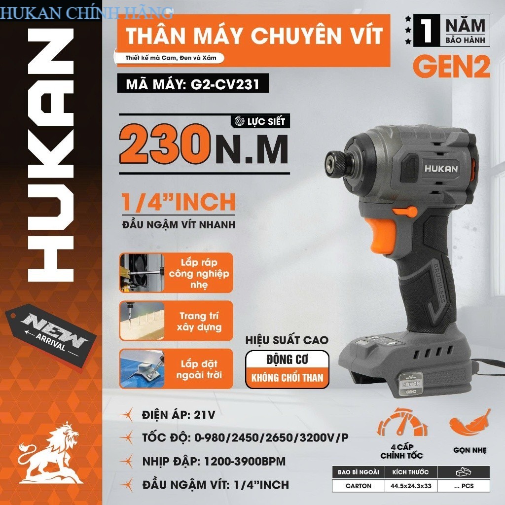 Thân máy chuyên vít pin HUKAN G2-CV231, Không chổi than 230Nm, 4 Tốc độ HUKAN CHÍNH HÃNG