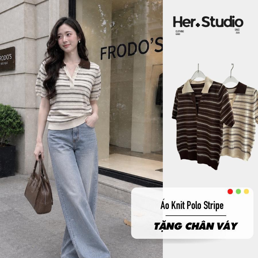 FREE Chân Váy - Áo Knit Polo Kẻ Sọc Ngang Cổ Phối Màu Nâu | Áo Len Dệt Hàn Tay Ngắn Freesize HER.STU