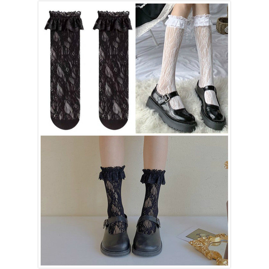 Nhật Bản jk lolita Ren Tất Ren lolita Thẳng lolita Bê Tất Giữa Ống Tất Nữ Đen Trắng cos