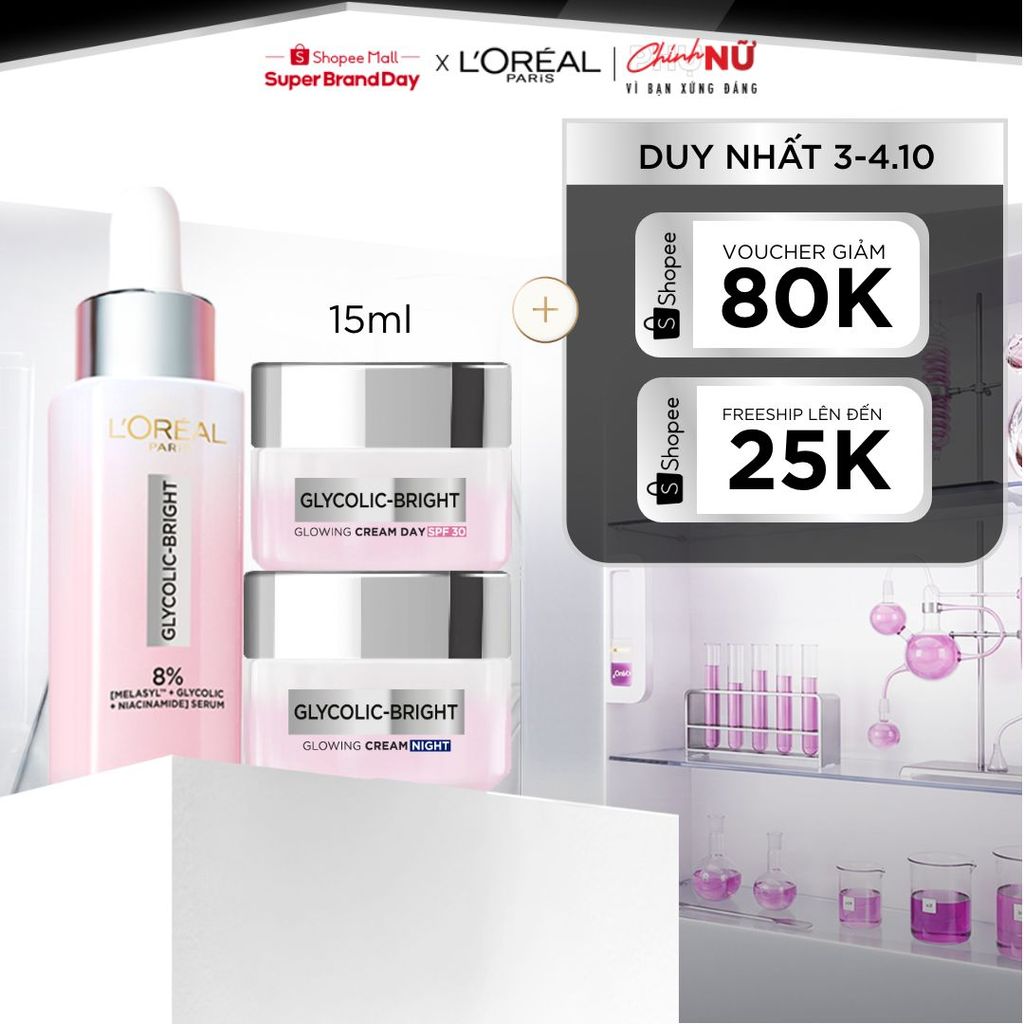 Bộ Serum Glycolic Melasyl 8% [Melasyl+Glycolic+Niacinamide] 30ml & Kem dưỡng ngày đêm mờ thâm nám L'Oreal Paris Glycolic