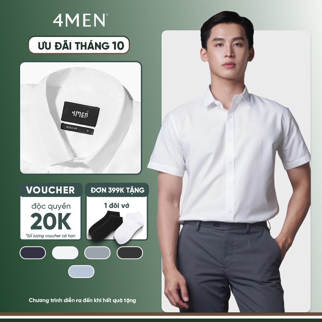 Áo sơ mi nam tay ngắn trơn đẹp 4MEN SM087 vải lụa chéo mềm mịn, hạn chế nhăn…