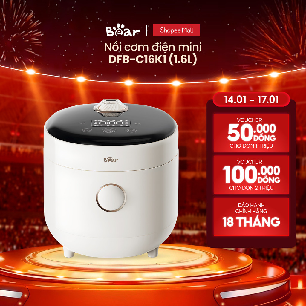 Nồi cơm điện MINI 0.5L (2 người ăn) (dung tích tổng 1.6L) Bear DFB-C16K1 - Hàng Chính Hãng