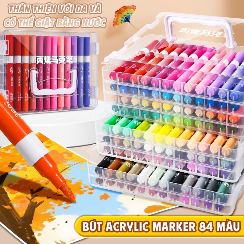Bút Màu Acrylic Marker Cao Cấp Cho Học Sinh – Ngòi Brush Mượt, Hộp 60/72/84 Màu Đẹp Vẽ Mỹ Thuật - Bú