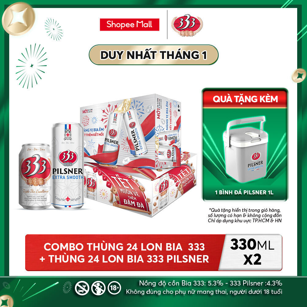 Nồng độ cồn 5.3% - Combo 1 Bia 333 24 Lon 330ml + Nồng Độ Cồn 4.3% - 1 Bia 333 Pilsner 24 Lon 330ml