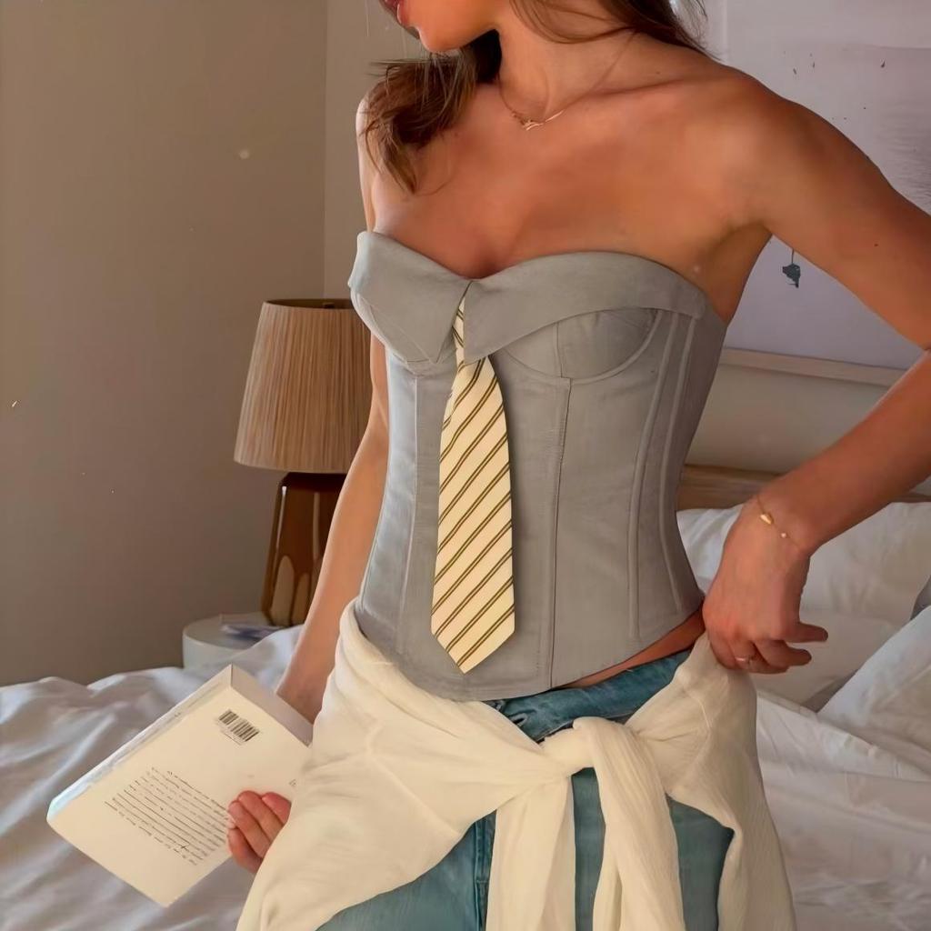 Ins Phong Cách Đường Phố Hot Girl Tube Top Tie Pure Desire Tube Top Màu Camisole Cho Nữ 70273