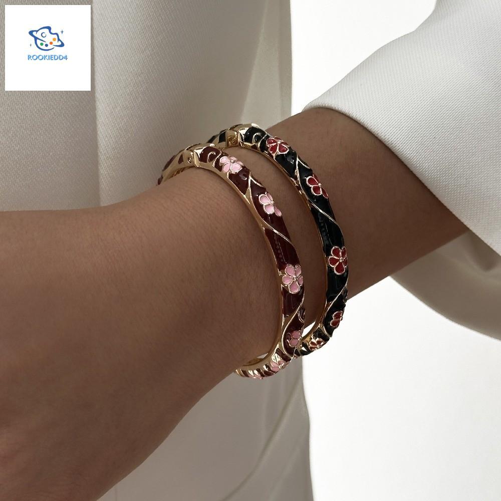 ROOKIEDD4 Vòng Tay Hoa Đỏ Vòng Tay, Vòng Tay Hoa Men Truyền Thống Lãng Mạn, Lắc Tay Trên Tay Vintage