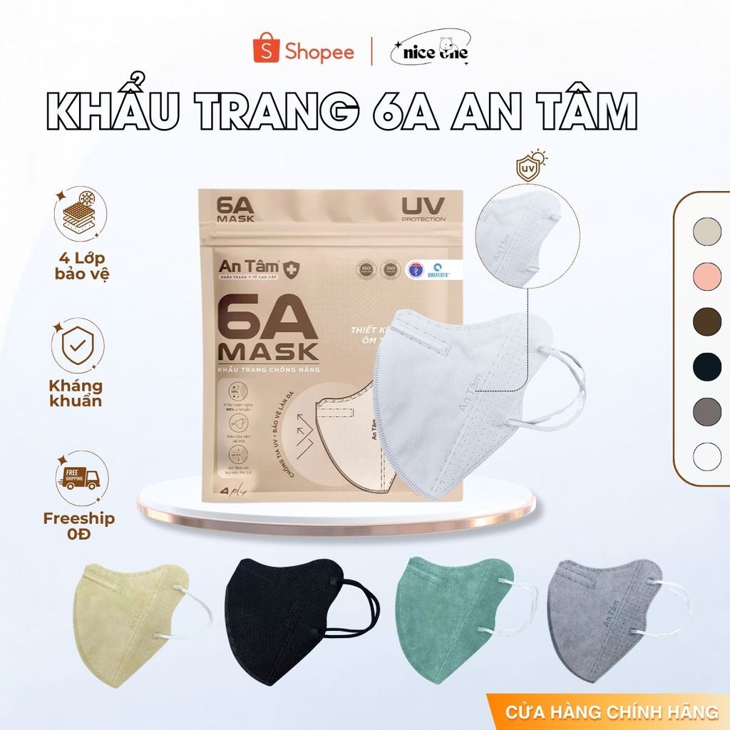 [Thùng 100 cái] Khẩu trang 6A AN TÂM Mask, Khẩu trang chống nắng, ngăn tia UV kháng khuẩn 4 lớp dày