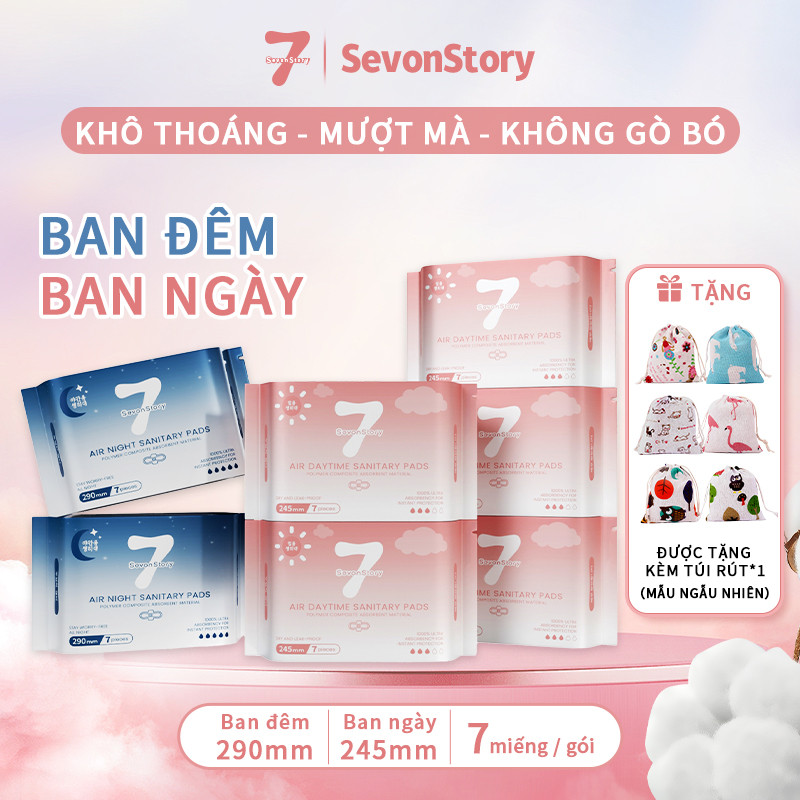 【SevonStory ⑦】Combo 7 gói Băng vệ sinh tích hợp chip bạc hà mát lạnh –  ban ngày & ban đêm (245mm/290mm), thấm hút nhanh, chống tràn, siêu mỏng, mặc như không . Khi giao hàng sẽ được che tên sản phẩm và tặng kèm túi đựng để bảo vệ quyền riêng tư của bạn.