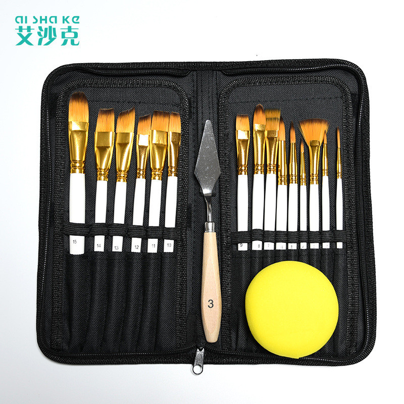 Isaac Oil Brush Nylon Wool 15 Bộ Túi Dây Kéo Vải Màu Đen Có Xước Xốp [Y]