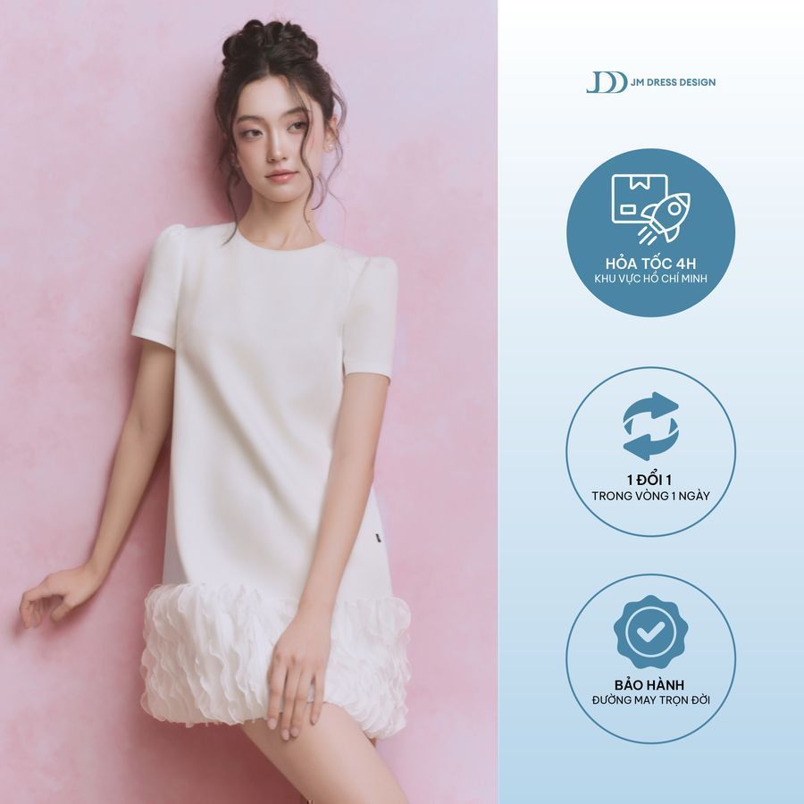 Đầm cổ tròn dáng suông chân phối tơ 1S21.2501K, váy đầm tay bồng dáng suông nữ tính thiết kế bởi JM 