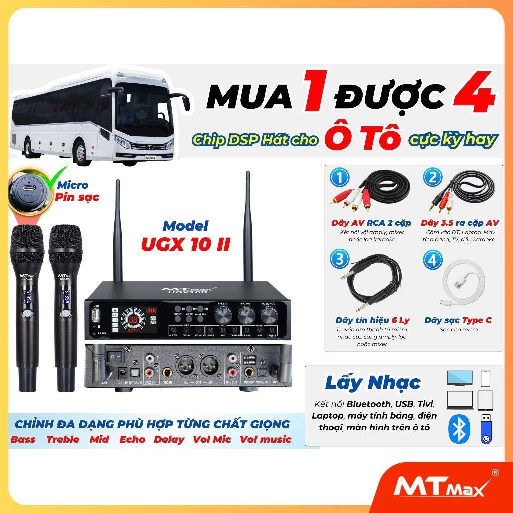 Micro Đầu Thu Nhỏ Chính Hãng MTMAX UGX10II  DSP Sóng UHF Chỉnh Echo,tone,volume...
