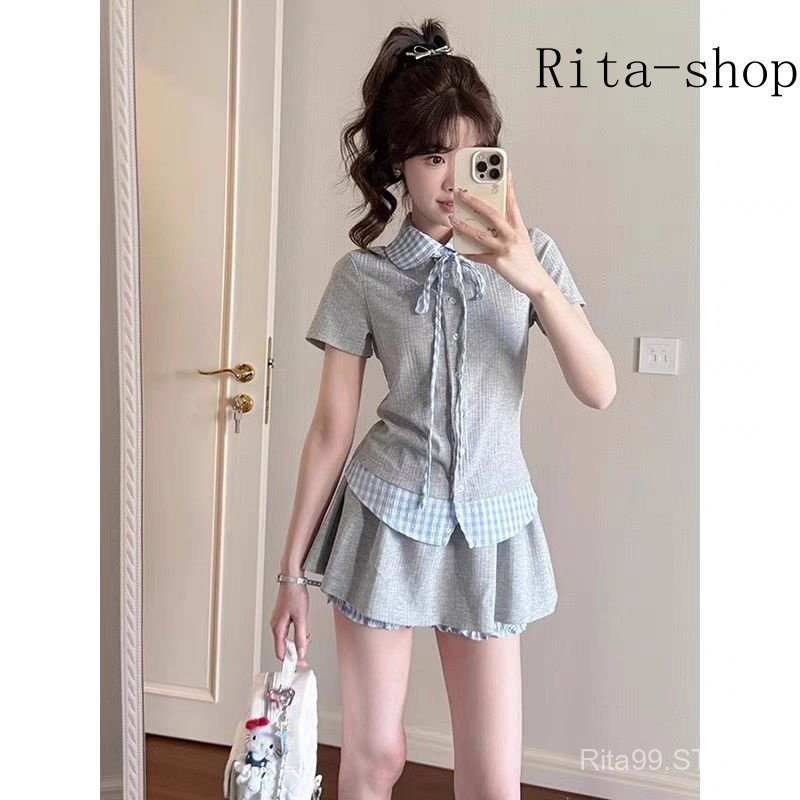 [Pre-Oder] Set Áo Polo Thêu Phối Caro Phong Cách Học Viện Hàn Quốc Phối Váy Quần Trẻ Trung Mùa Hè Hai Món | BigBuy360 - bigbuy360.vn