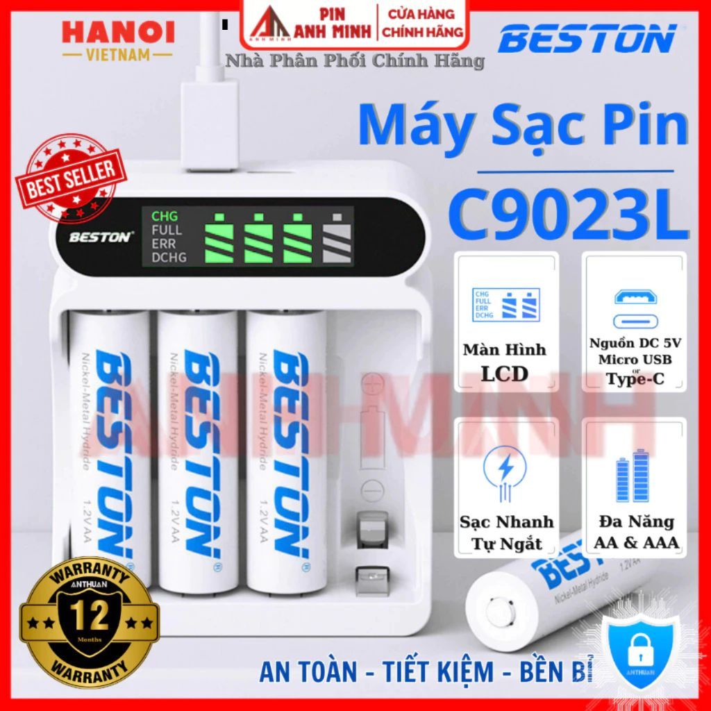 Máy Sạc BESTON C9023L và pin sạc AA (2A) AAA (3A) C9023 - Bộ Sạc thông minh tự ngắt có màn hình LCD