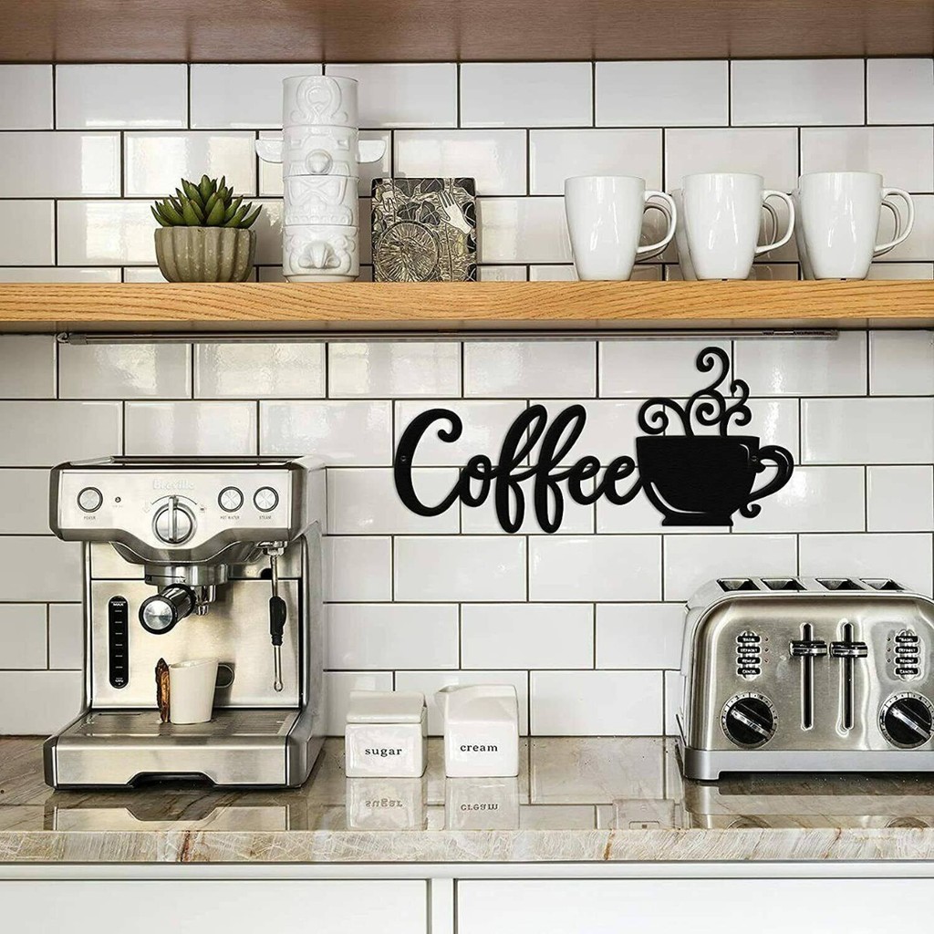 Coffee Bar Metal Wall Decor Set with Mug | Rustic Coffee Lover Sign for Kitchen