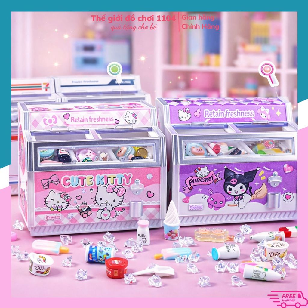 Quầy tủ lạnh siêu thị mini Hellokitty Kuromi 7Eleven 66 chi tiết, mô hình mô phỏng tủ đông bán hàng