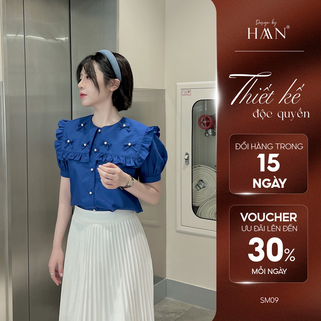 Áo Sơ Mi Nữ Cổ Bèo Đính Ngọc, Chất Liệu Thô Xốp Không Nhăn Màu Xanh/Tím HAAN Design SM09