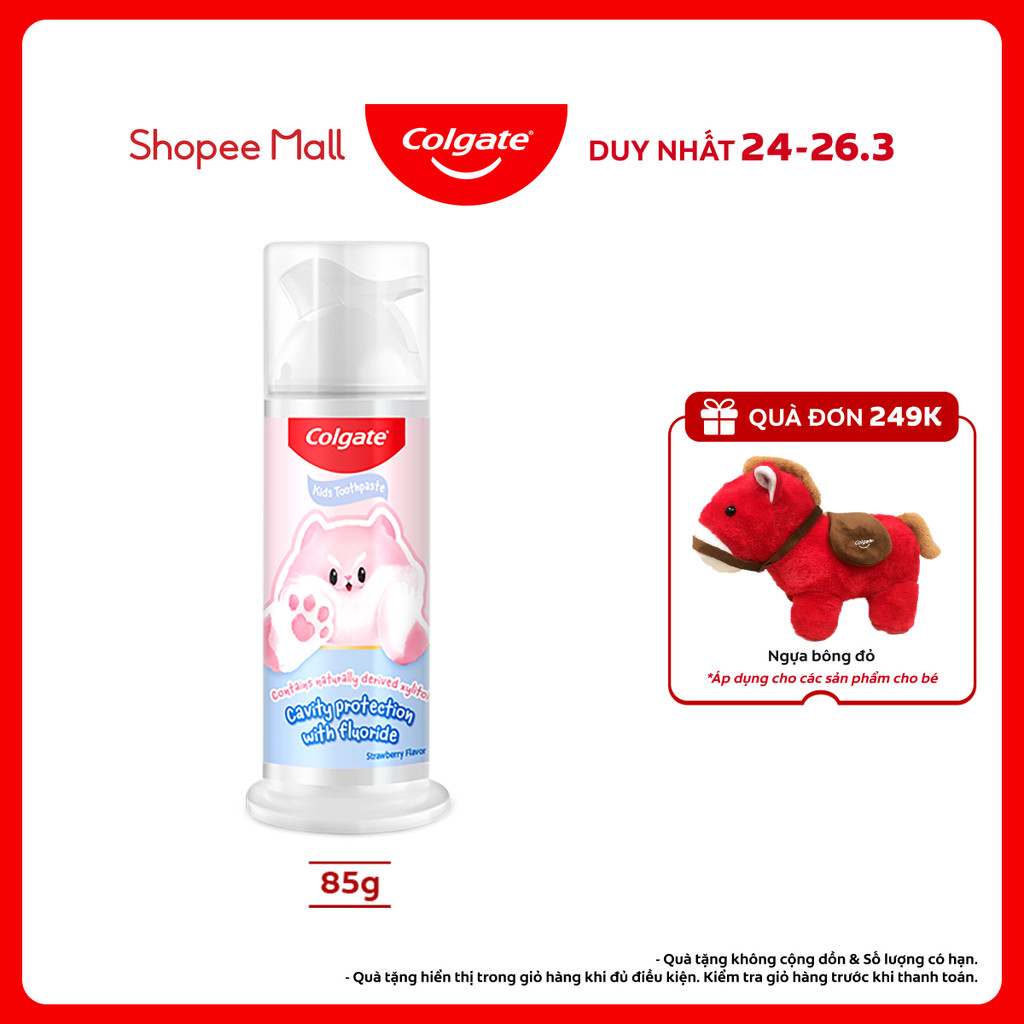 Kem đánh răng Colgate cho bé Fluffy họa tiết thú cưng hương dâu, dạng nhấn dễ sử dụng 85g