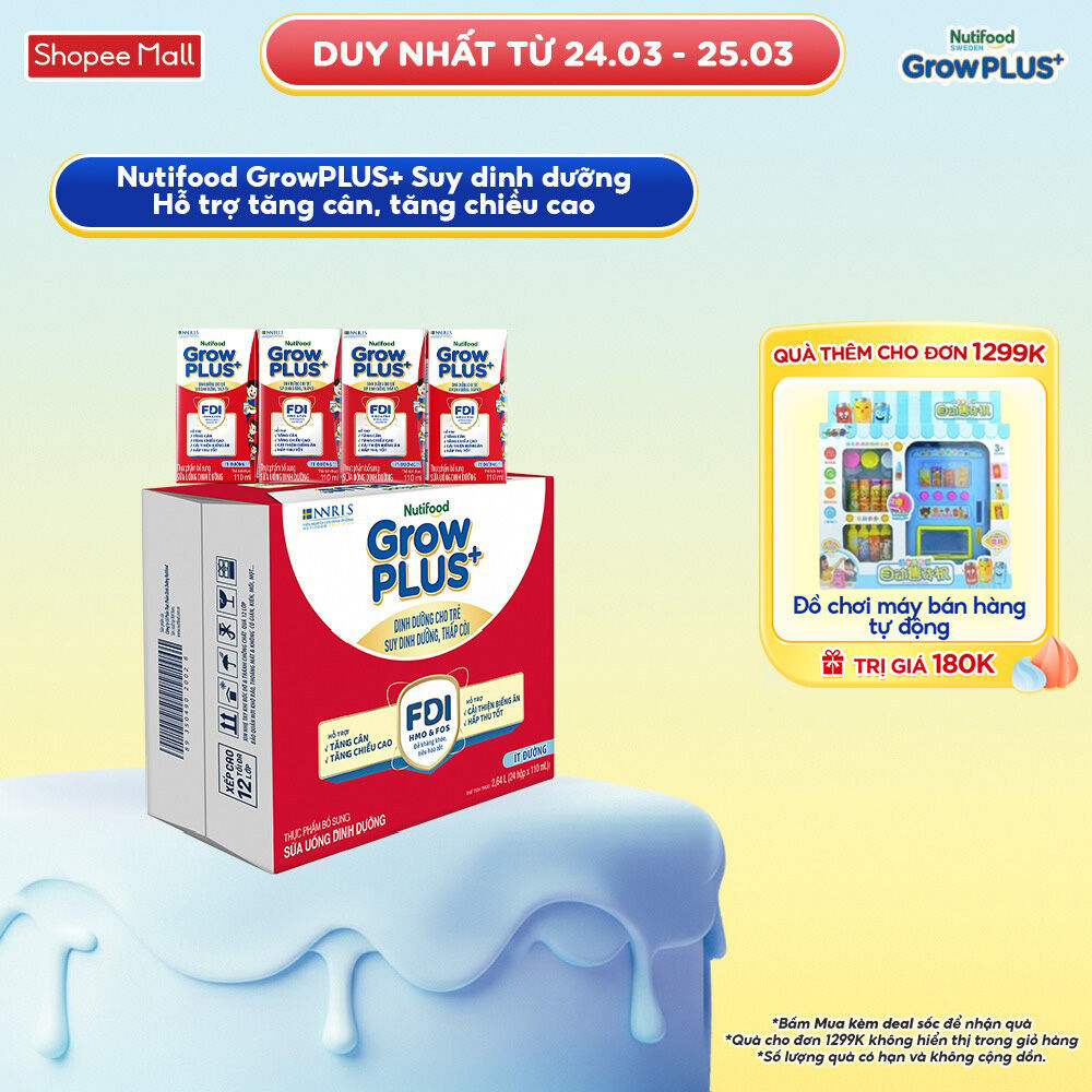 Thùng 24 hộp SBPS Nutifood GrowPLUS+ Suy Dinh Dưỡng (Đỏ) Ít đường 110ml - Tăng Cân, Tăng Chiều Cao (Bao bì tùy lô hàng)