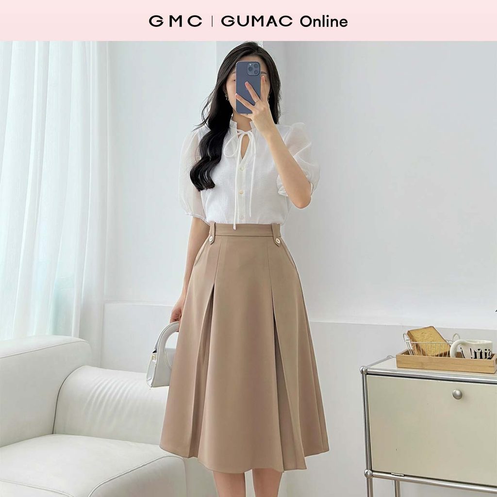 Chân váy nữ A xòe lưng đĩa đính nút xếp ly tuyết mưa công sở thời trang GUMAC LVF0412