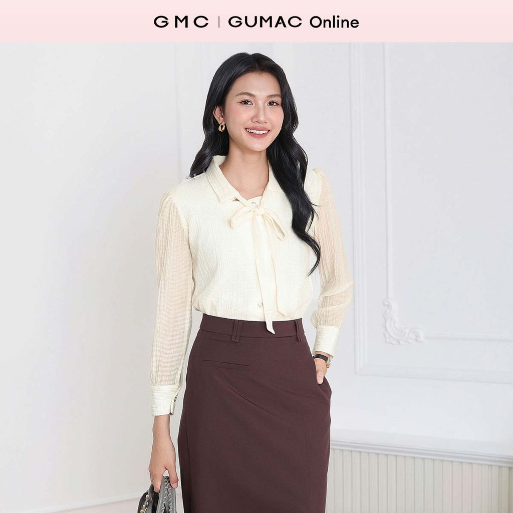 Áo sơ mi nữ tay dài kiểu phối dây nơ cổ nữ tính vải voan xốp 2 lớp công sở thời trang GUMAC AF04016
