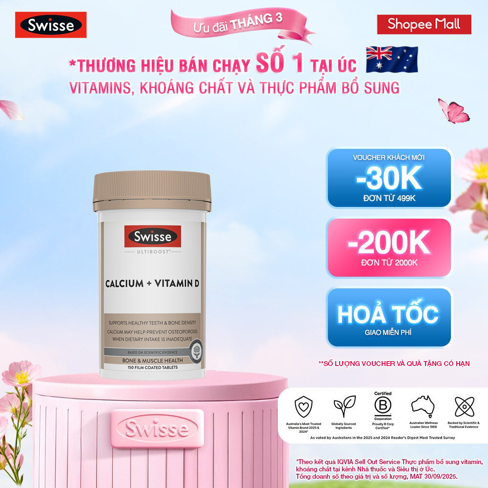 SWISSE x HANNAH - Viên uống hỗ trợ duy trì mật độ xương Swisse Ultiboost Calcium + Vitamin D