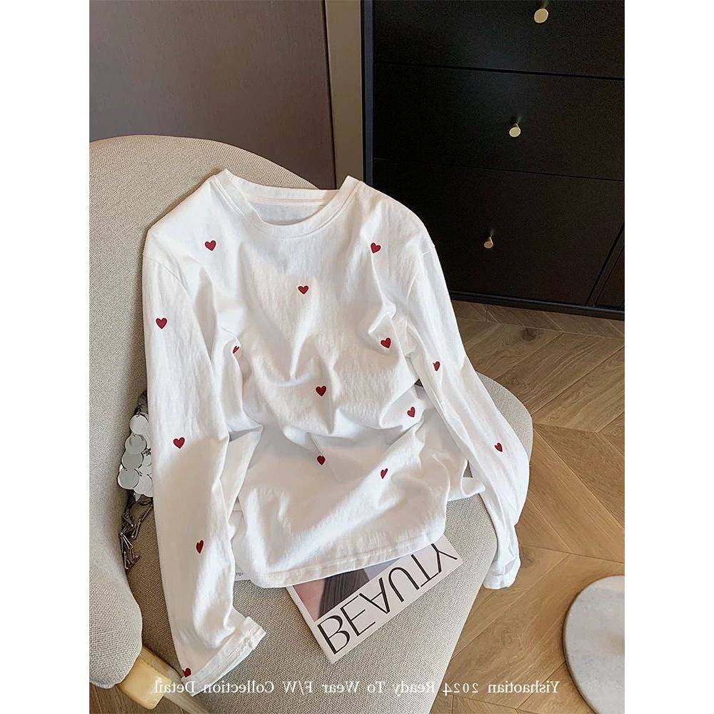 New Large Size Cotton White Heart Printing Long-Sleeved T-shirt for Women Niche Design Loose Bottomi