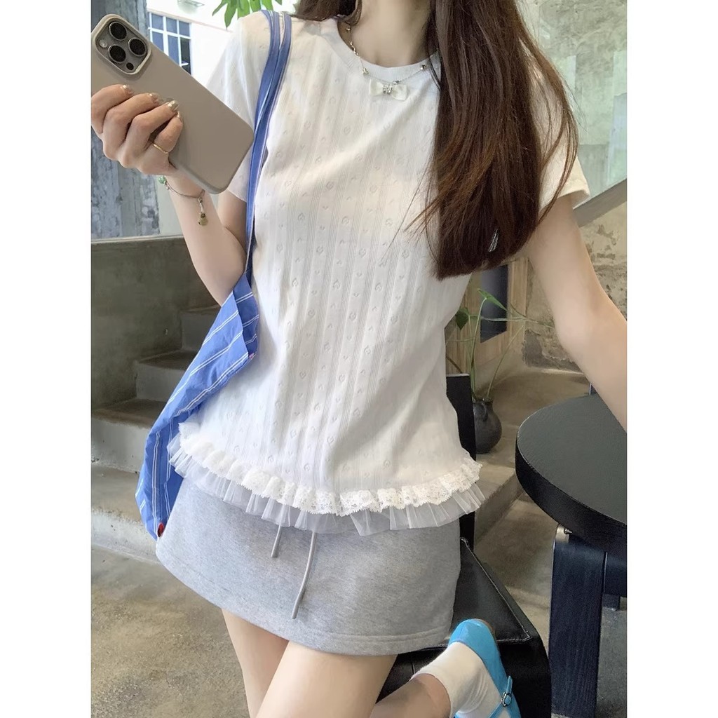 Áo babydoll baby tee nữ ôm body Thiết kế mới White Love Jacquard tay ngắn mùa hè Phong cách mới Slim-fit | BigBuy360 - bigbuy360.vn