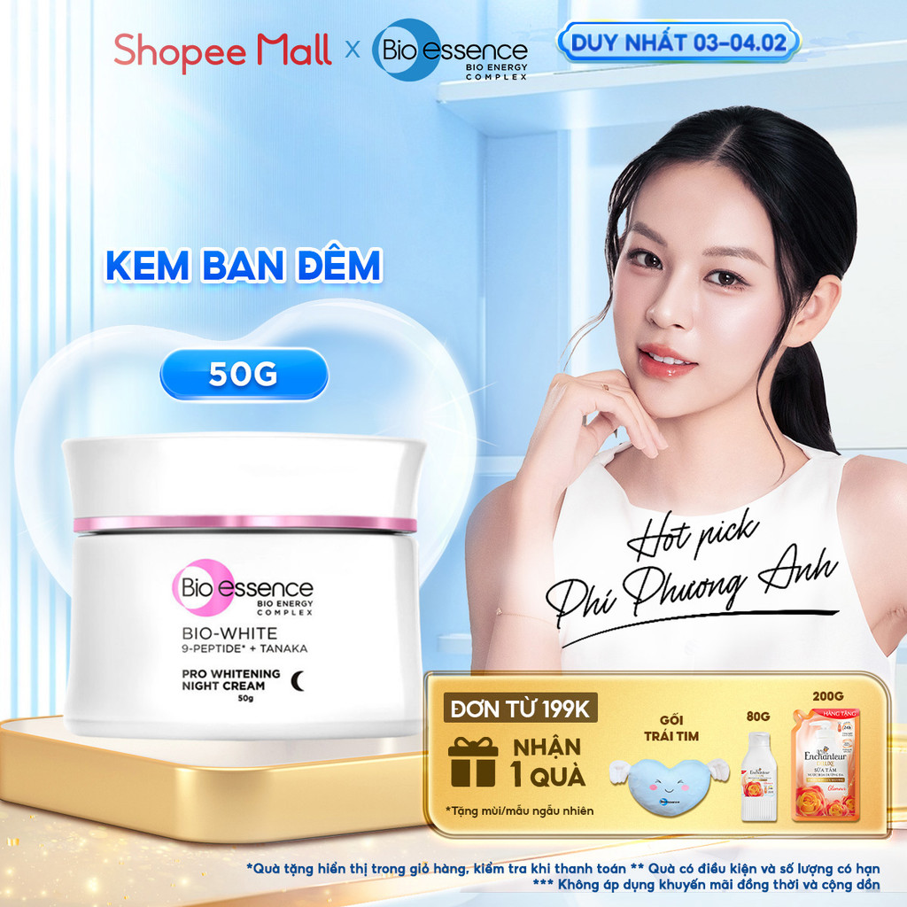 Kem dưỡng trắng da ban đêm cho da sáng mịn rạng rỡ từ 9-peptides, Alpha-Arbutin Bio essence Bio-Whit