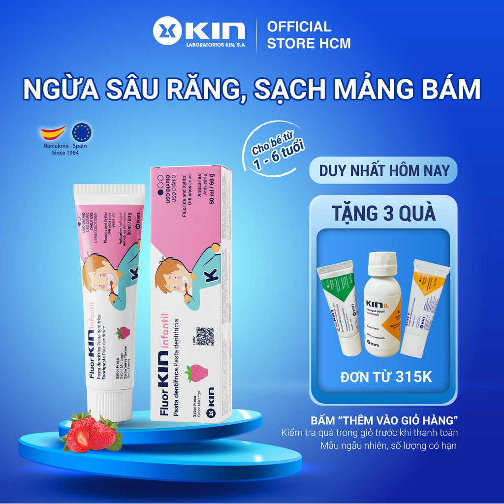 Kem Đánh Răng Kin Trẻ Em Fluor Kin Infantil Ngừa Sâu Răng, Sạch Mảng Bám Cho Trẻ Em Từ 1-6 Tuổi, Vị Dâu 50ml