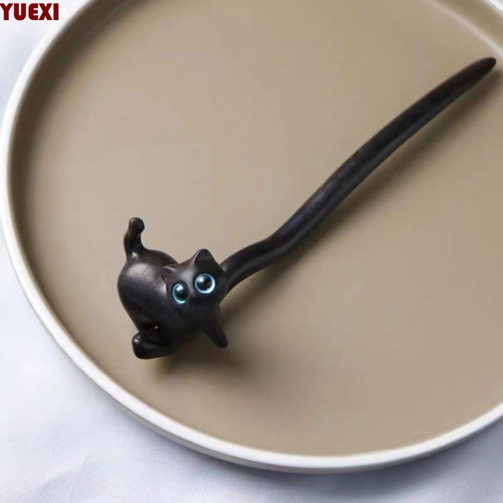 Kẹp tóc mèo gỗ đàn hương YUEXI, Mũ lưỡi trai bằng gỗ Blackwood Kitty Hair Stick, Sáng tạo độc đáo Hì