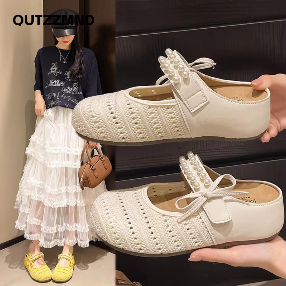 QUTZZMND Dép Thắt Nơ Nữ, Giày Đế Thấp Thoải Mái Ngọt Ngào, Dép xỏ ngón mềm mại đa năng thời trang chống trượt Dép che chân đế mềm mại Trăm váy phù hợp